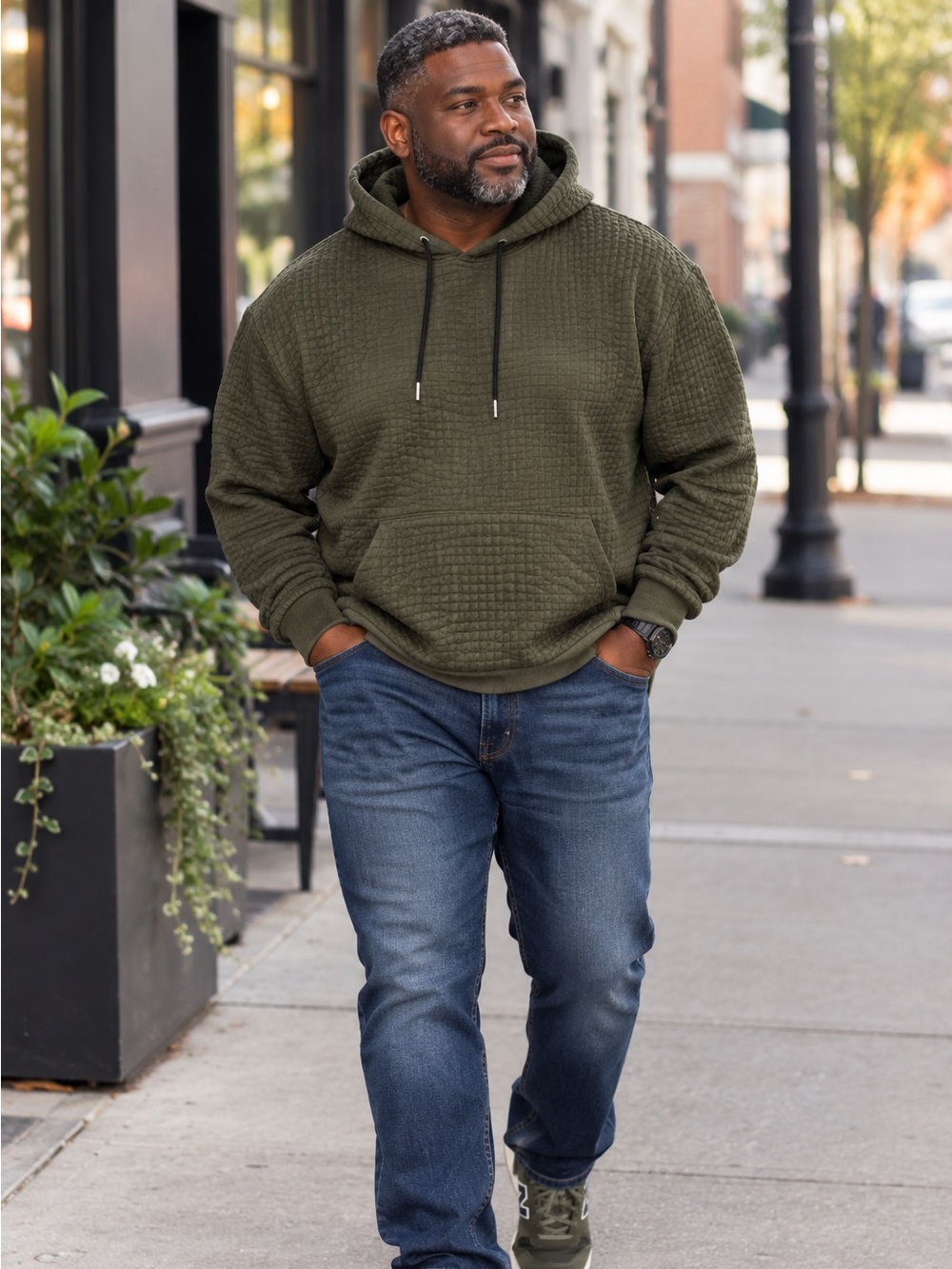 Olive Green Textured Hoodie for Men